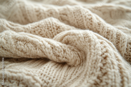 Close-up of a knitted blanket in warm earth tones with intricate patterns and textures, creating a cozy and inviting atmosphere.
