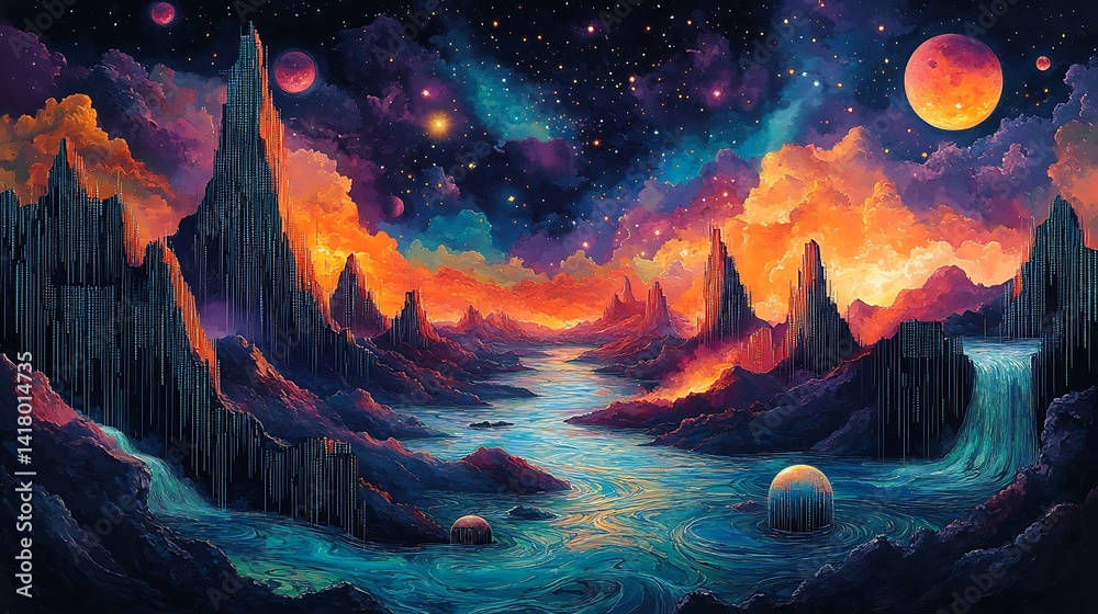 Obraz premium Colorful alien landscape with vibrant planets and starry night.
