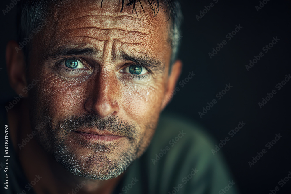 Obraz premium Man in green shirt making eye contact with camera.
