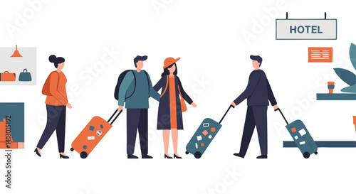 Travelers Arriving at Hotel with Luggage in Modern Style  