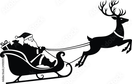 Silhouette of santa riding sleigh with gift sack pulled by reindeer in mid leap