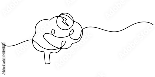 Headache Single Line Icon, Continuous Line Drawing of Brainstorming Icon. Hand Drawn Symbol Vector Illustration, brain energy continuous one line drawing, minimalist  monoLine Drawing of Anxiety Icon.