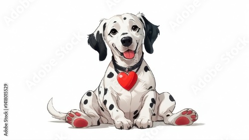 Adorable dalmatian puppy with red heart on collar sits on white background. AI, Generation, Illustration.