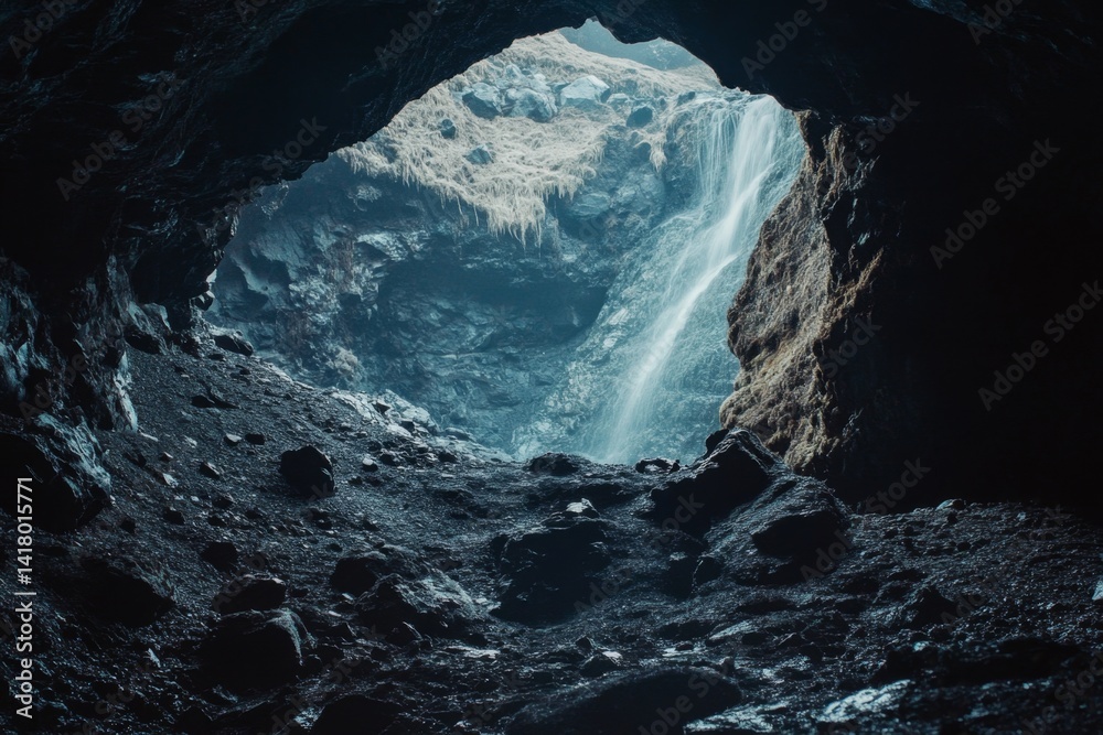 Fototapeta premium Cave opening to waterfall