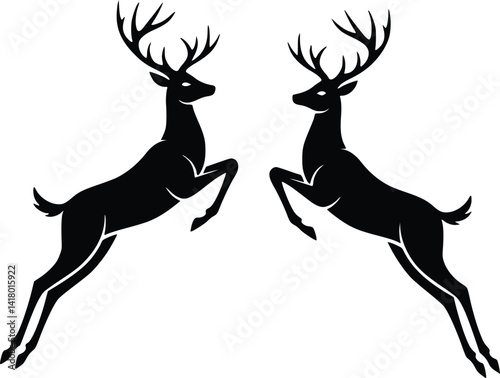 Dynamic duo silhouette of two leaping deer in black and white artwork