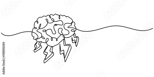 Headache Single Line Icon, Continuous Line Drawing of Brainstorming Icon. Hand Drawn Symbol Vector Illustration, brain energy continuous one line drawing, minimalist  monoLine Drawing of Anxiety Icon.
