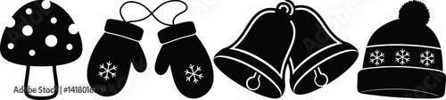 Festive silhouettes of winter hats, bells, mittens, and a polka dot mushroom