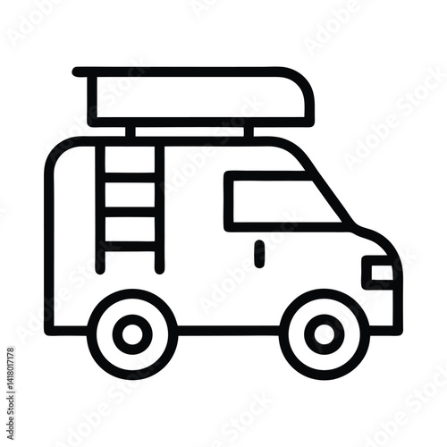 Simple Camper Van Icon With Ladder and Top Box in Outline Style on Transparent BG