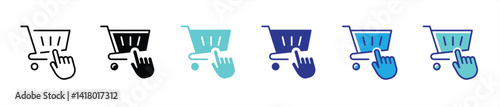 shopping cart icon set. shopping cart with pointer hand clicking icon. online shopping symbol for app and web. vector illustration