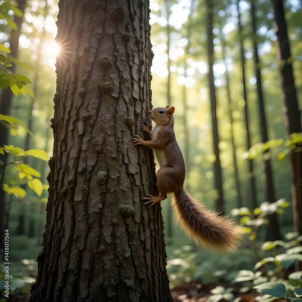 Fototapeta premium Adorable Red Squirrel Climbing Tree in Sunlight