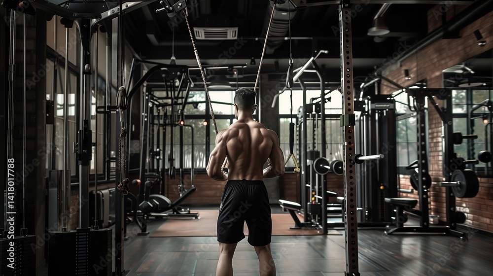 Obraz premium A man stands in the gym, hands on hips, balancing on one leg