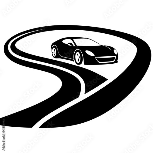 A sleek sports car silhouette speeding on a winding road, on a white background