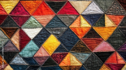 Vibrant Stitched Patchwork Quilt: An Abstract Triangle Design Creation