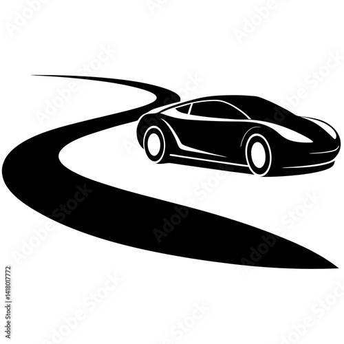 A sleek sports car silhouette speeding on a winding road, on a white background