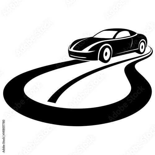 A sleek sports car silhouette speeding on a winding road, on a white background