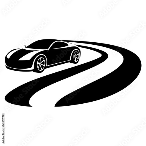 A sleek sports car silhouette speeding on a winding road, on a white background