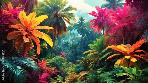 A lush, vibrant tropical scene showcasing a variety of plants. The foreground features large, colorful leaves in shades of pink and yellow, while blurred green foliage fills the background