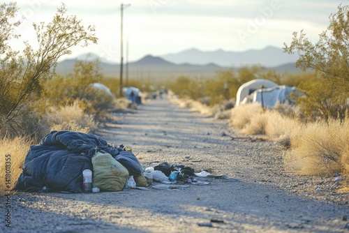 Homeless encampment along a desert road in the morning light