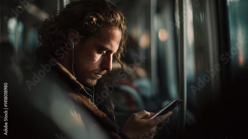 Riding in transit, a man engrossed with phone, earphones in, lost in thought.