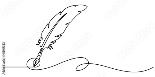 continuous line classic quill pen.one line drawing of quill pen.single line vector illustration.isolated white background, writing with a feather continuous one line drawing, minimalist linear vector.