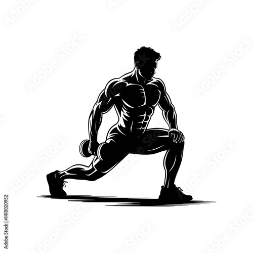 Bodybuilder Lunges: Muscular bodybuilder performing a dumbbell lunge, showcasing strength, fitness, and dedication.