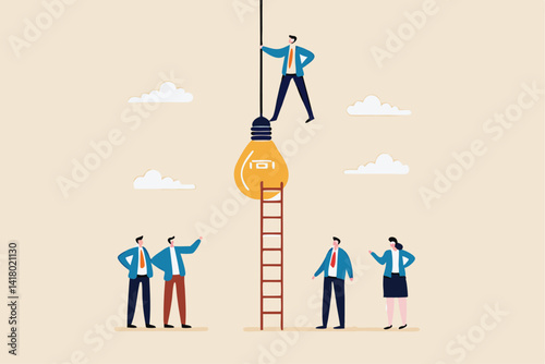 Initiative idea, leader or ambition to act to get solution and solve problem, courage to success or motivation and challenge concept, businessman initiate solution climb up lightbulb to get solution.