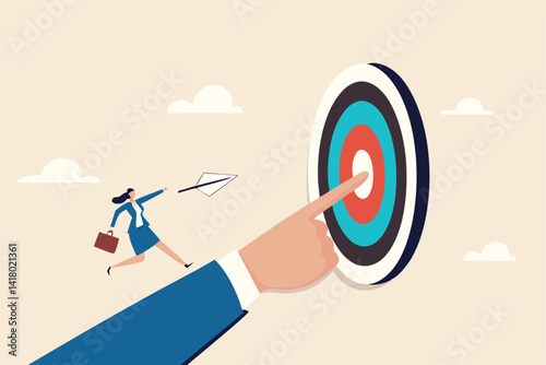 Goal oriented, setting goal and focus on target facilitate to achieve success, work toward mission target, motivation and anticipation to win concept, businesswoman run on hand pointing toward target.