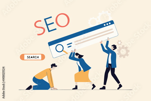 SEO, search engine optimization to help website reach top ranking in search result page, promote website or communication concept, businessman people help optimize website URL to 1st rank search bar.