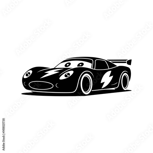 Lightning Racer: A sleek silhouette of a dynamic race car, with a striking lightning bolt emblem and cartoon eyes, represents speed and adventure on a clean canvas.
