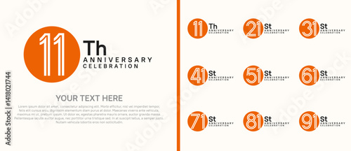 logo anniversary set. orange and black color with circle on white background for special event