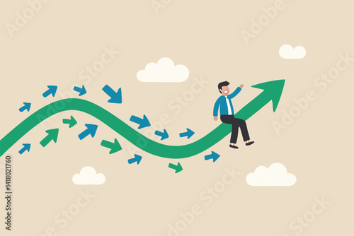 Business trend, initiative thinking to be different and lead to success, trend setter or leadership to follow, leading direction concept, businessman riding trend arrow followed by small followers.