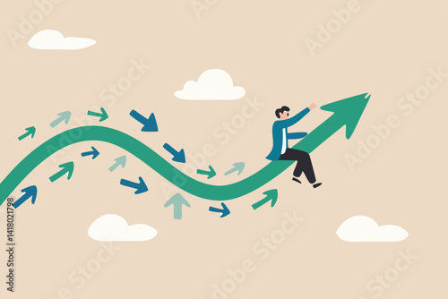 Business trend, initiative thinking to be different and lead to success, trend setter or leadership to follow, leading direction concept, businessman riding trend arrow followed by small followers.