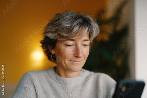 close-up of elderly woman placing her phone into drawer before joining family board game