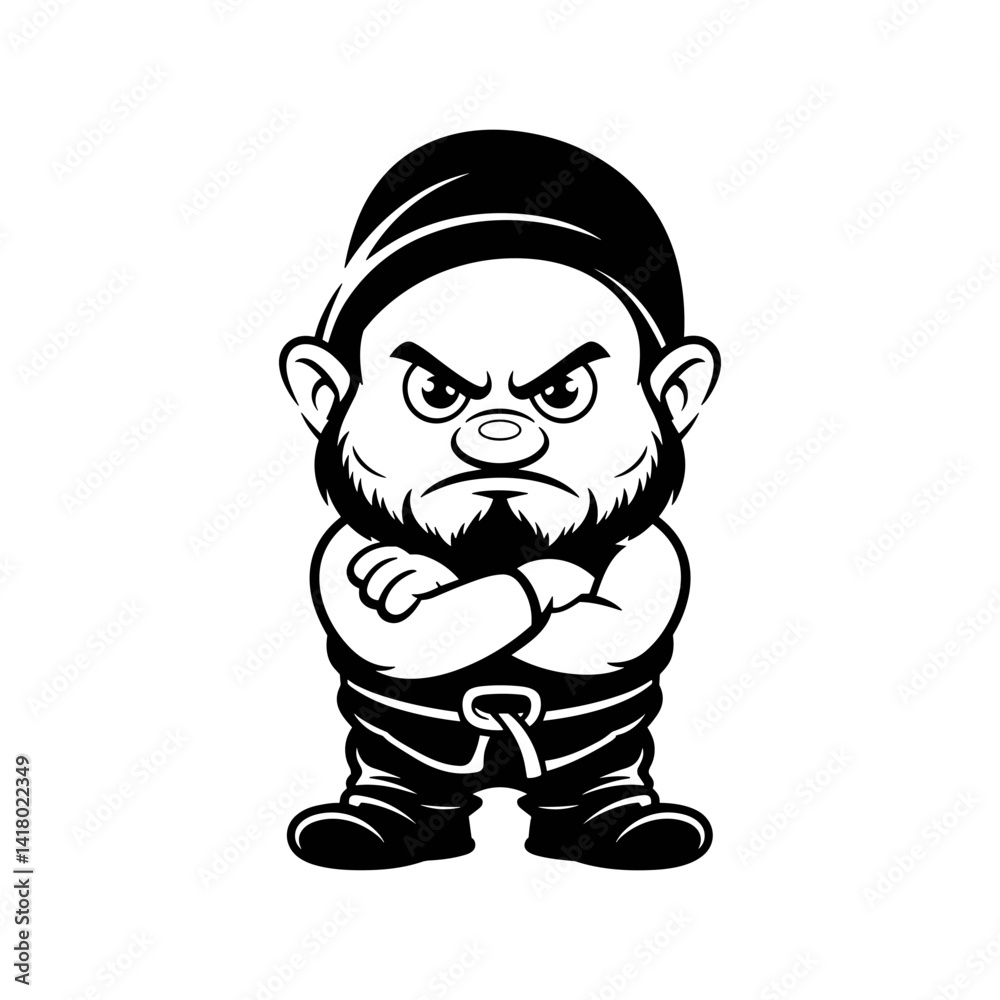 Obraz premium Angry Garden Gnome: A stoic and fierce garden gnome, etched with sharp lines and shadows, embodying an aura of discontent, stands defiant with arms crossed, a symbol of grumpy perseverance.