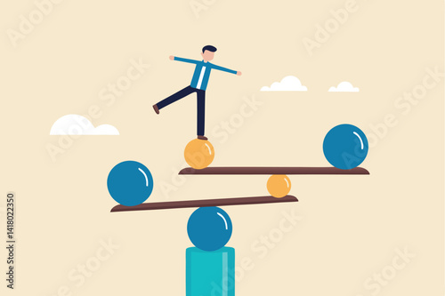 Work life balance, equilibrium or equality, concentration or stability, challenge or risk management concept, confidence businessman balance himself on stable weigh metaphor of life balance.