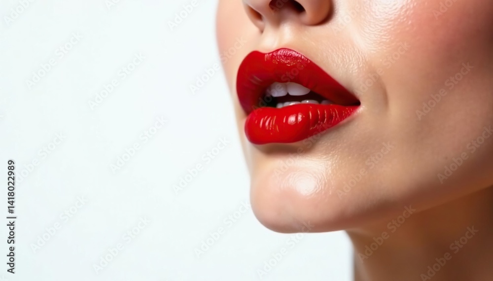 Obraz premium Bold red lipstick, pristine white backdrop High-detail, professional shot , photography, gloss, closeup