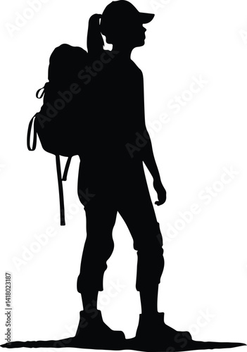 female hiker with backpack silhouette black color silhouette on whit background