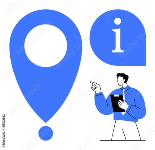 Man holding clipboard, pointing at large location pin and info sign. Ideal for navigation, guidance, information sharing, customer service, support, orientation education. Flat simple metaphor