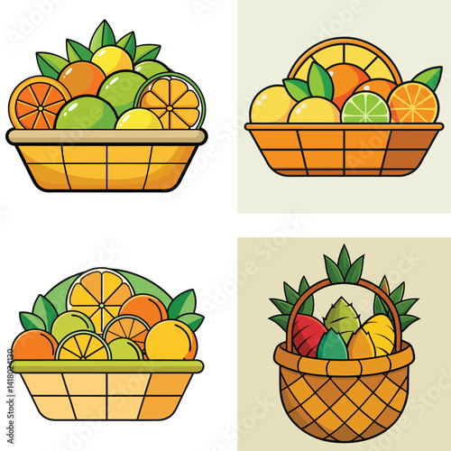 Four Baskets Of Citrus Fruits And Leaves Vector Illustration Collection
