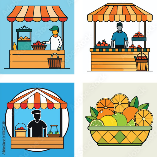Fresh Food Market Stalls With Fruits And Vegetables Flat Vector Illustrations