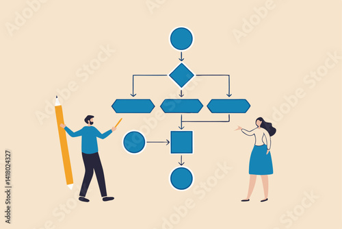 Business process, workflow diagram or model design, flowchart to get result, map or plan for business procedure, solution, strategy to implement concept, business people drawing workflow process.