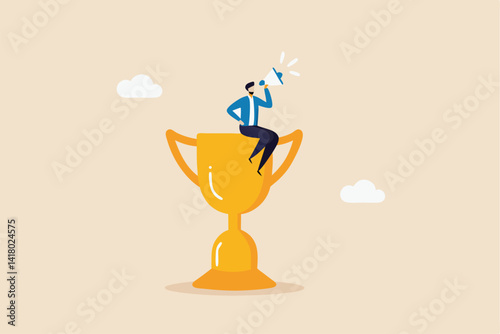 Success story to motivate people to develop and improve to achieve life success, telling story or inspire people, aspiration concept, businessman telling success story with megaphone on winner trophy.