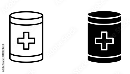Medicine bottle and pills icon set. Medicament. Vector illustration on white background.
