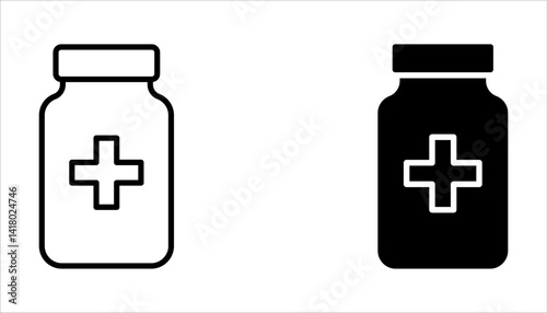 Medicine bottle and pills icon set. Medicament. Vector illustration on white background.