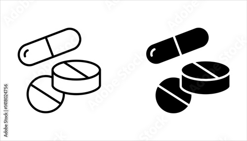 Medicine bottle and pills icon set. Medicament. Vector illustration on white background.