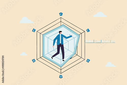 Evaluation for candidate or performance review, area to improve or appraisal score, skill or measurement to analyze staff to fit in job concept, businessman with score on spider radar chart diagram.