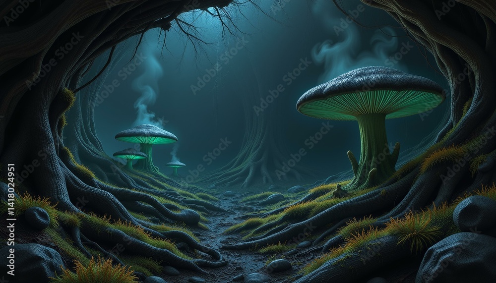 Subterranean cavern with glowing moss, roots, mushrooms, and turquoise vapor; a mystical underground landscape. Subterranean cavern with glowing moss, roots, mushrooms, and turquoise vapor; a mystical underground landscape.