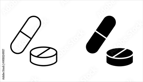Medicine bottle and pills icon set. Medicament. Vector illustration on white background.