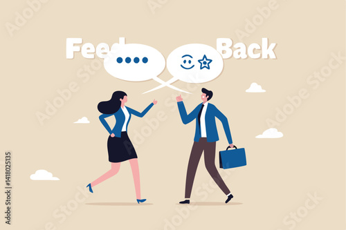 Employee feedback, opinion or colleague voice for improvement, message discussion, telling or comment each other, appraisal or review process, businessman and woman telling feedback to each other.