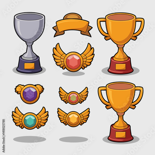 Explore this vibrant set of trophies and badges designed to celebrate achievements. Perfect for competitions, games, or motivational projects that highlight success!